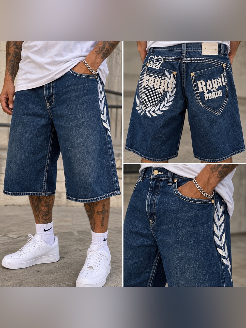 COOGI Royal Denim W40 Baggy Jorts Y2K Embroidered Hip Hop Long Denim Shorts